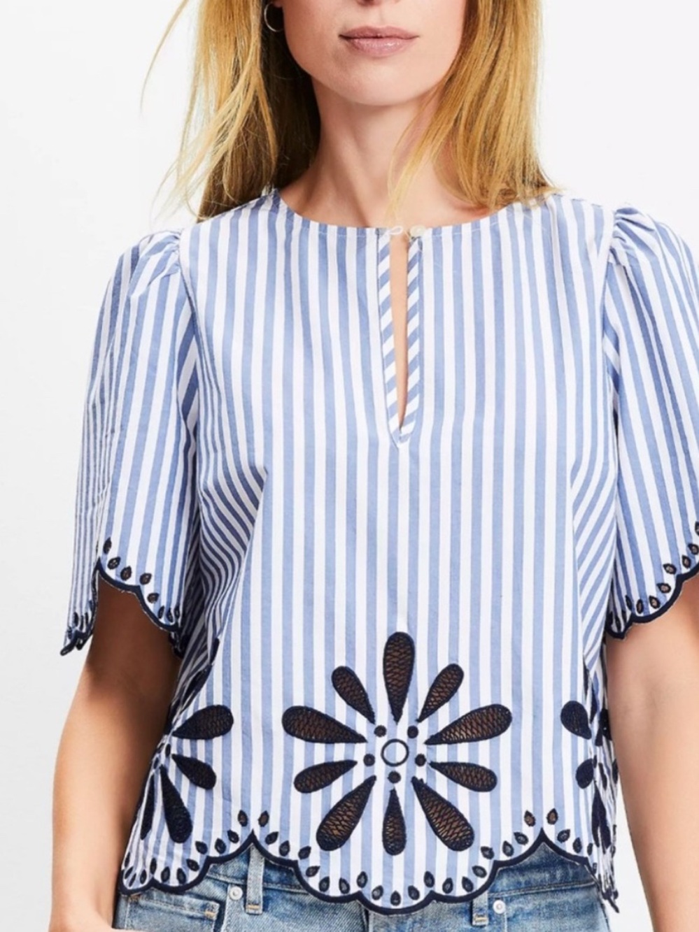 LOFT Blue & White Striped Floral Eyelet Blouse